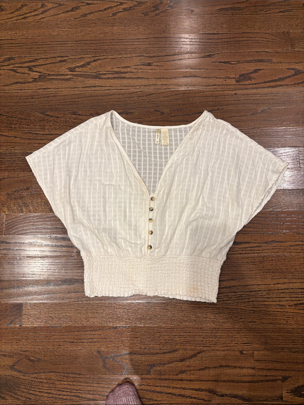 Lightweight White V-Neck Smocked Waist Top